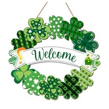 Wooden St. Patrick's Day Door Wreath Sign - Lucky Shamrock Welcome Sign for