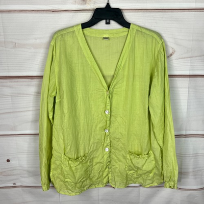 #ad Kleen Top Womens Large Green Linen Solid Shirt Button Front Long Sleeve Pockets $39.99
