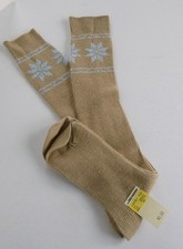Vintage Knee High Socks Tan Blue Snowflake Pattern 15  Tall Winter Ski Style