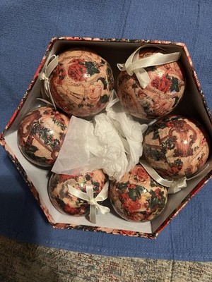 VICTORIAN DECOUPAGE 6 ORNAMENTS AND GIFT BOX HANGING BALLS 1999 AVON NIB