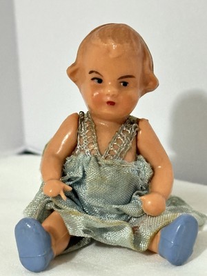Celluloid Female Doll 1/8 Poseable Blue Dress Germany EDI Toy Vintage