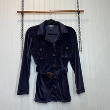 One Step Up Women’s Velour Purple Belted Button Down Shirt Size S