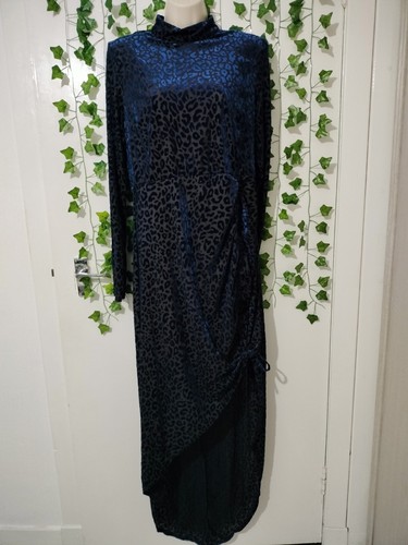 Plt blue velvet longsleeve ruched side dipped hem midi maxi dress size UK 16 - Picture 3 of 17