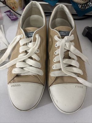 Prada Patent Leather Sneakers Pink Nude Logo Lace-Up Size 39.5 Linea Rossa