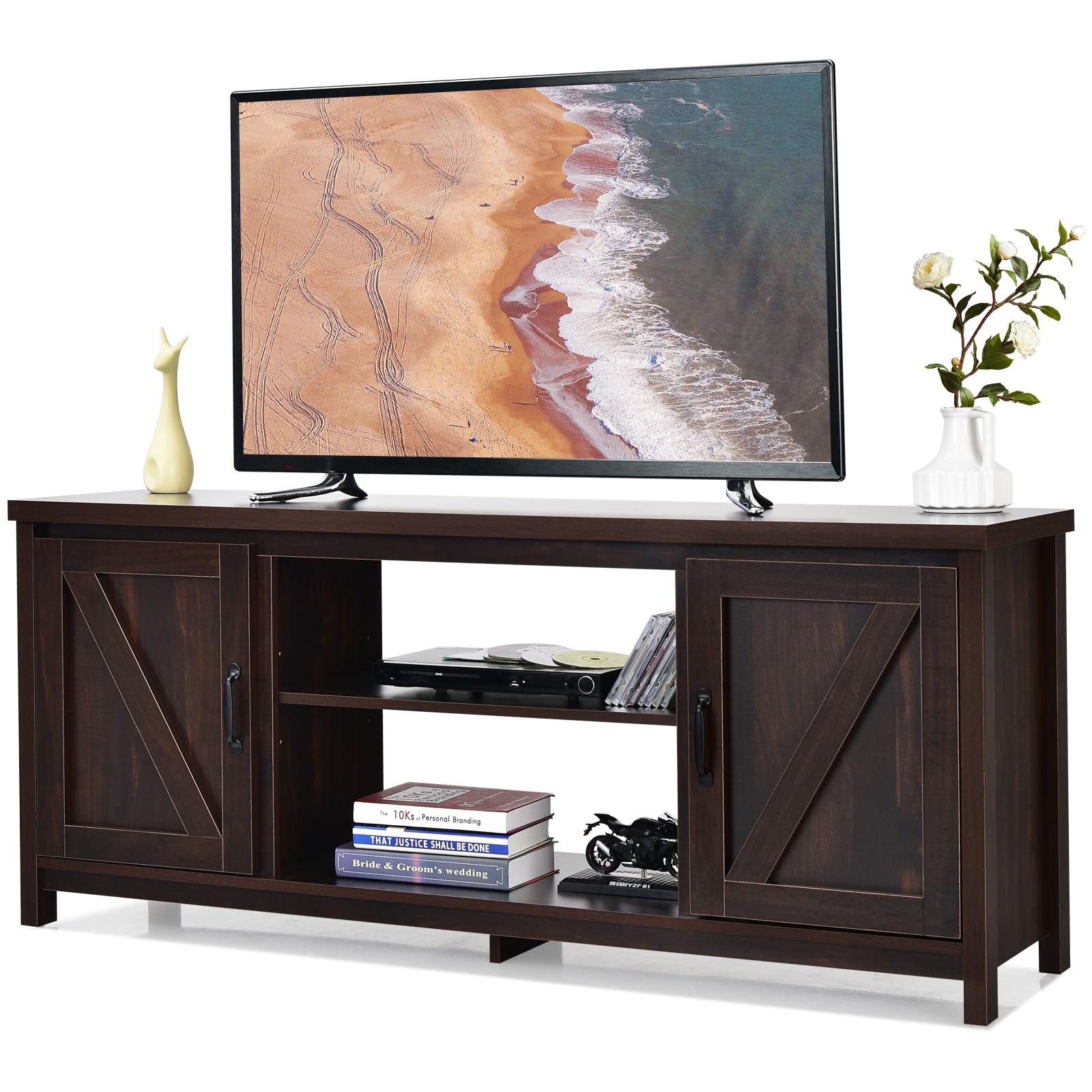 Media Console Center W/ Storage Cabinet For 65" Tv Coffee