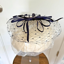 Vintage Fascinator Hat Navy Blue Netting And Bow 1950  s