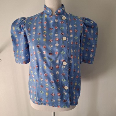 Vintage Blouse Top  Geometric Print Korea 80s Funky Artsy Blue Colorful Design