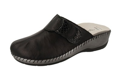 Riposella Damen Leder Slipper mit Keilabsatz und Riss, handgenäht - schwarz