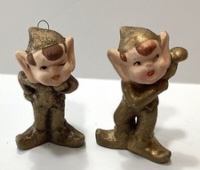 Vintage Pair Commodore Japan Gold Glitter Pixies Porcelain Elf Tree Ornaments