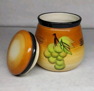 Ceramic Jelly Pot + Seal Lid Grapes Design Orange Jar Kitchen Storage Sugar