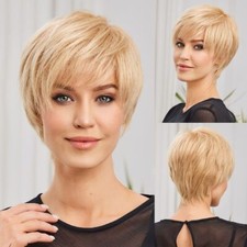 Short Pixie Cut Blonde Synthetic Wigs Natural Straight Layered Wig with Bangs