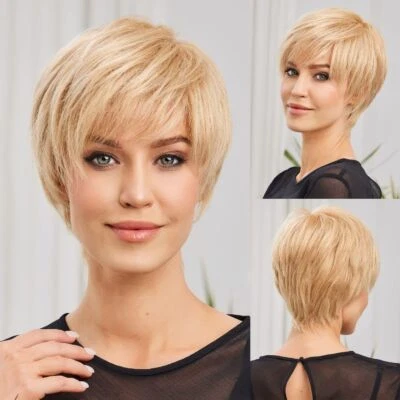 Short Pixie Cut Blonde Synthetic Wigs Natural Straight Layered Wig with Bangs