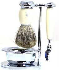Muhle Shaving Set Badger Brush - Razor 4 Blades - Bowl - Stand - Resin Ivory
