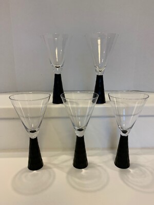 UNIQUE Rare Clear Cocktail GLASSES Black Weighted Stem Base SET OF 5 Cool