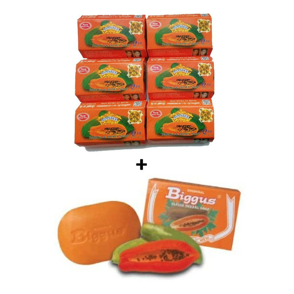 ASANTEE , A.S.P INTERNATIONAL HERBAL SOAP THAILAND ASANTEE PAPAYA SOAP & HONEY SOAP 6 x 125g + Free Biggus Papaya Soap