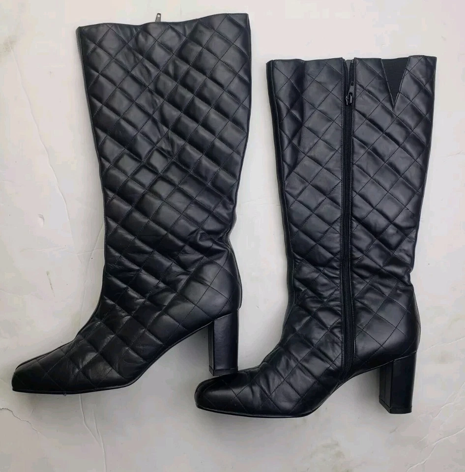 СИЛУЭТЫ женщин из черной кожи выстеганная сапоги до колена с стороны молнии размер 7 Вт - Изображение 2 из 4
