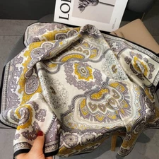 100% Silk Square Scarf Women Neckerchief Bandana Wrap Beige Yellow Paisley 68cm*