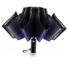 Windproof Trave Inverted Umbrella With Reflective Stripe, Reverse Starry Sky