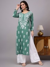 Women's Green Rayon Chikankari Straight Kurta Hand Work, Ethnic Kurta
