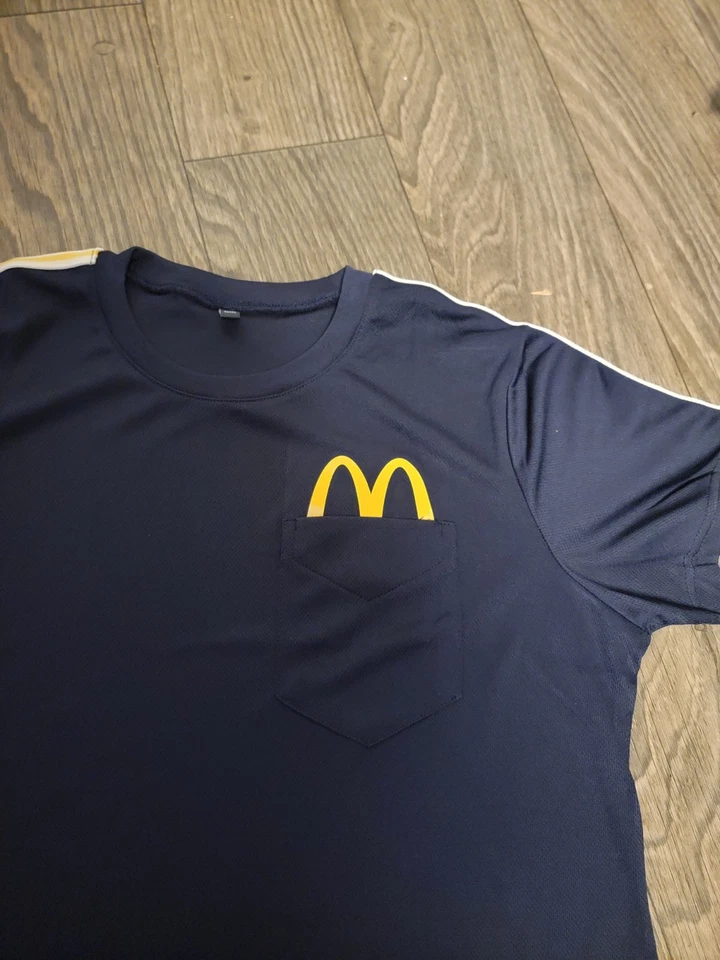 Women’s McDonald's Uniform Shirt Navy Blue Peeking Arches Pocket Striped Medium - Image 3 of 4