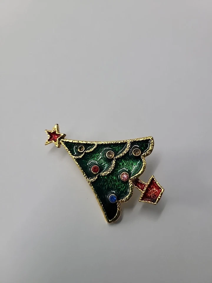 Broche de árbol de Navidad Beatrix vintage esmalte verde tono dorado prendedor navideño firmado Foto 4 de 4