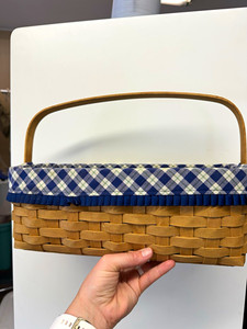 Longaberger Handwoven Recipe Basket w/ Handle & Blue Gingham Liner MPN 3093