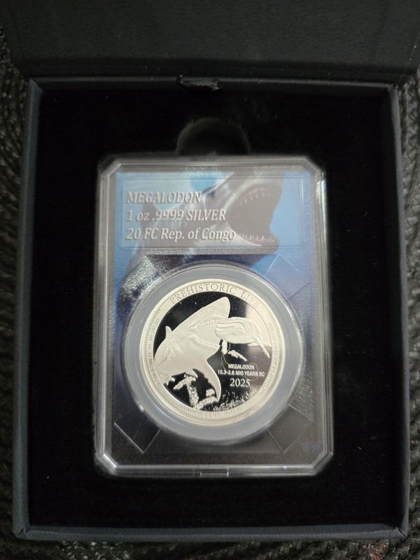 1 oz Silver Megalodon Shark Coin 2025 Congo 20 Francs – Slabbed Blazing Bullion