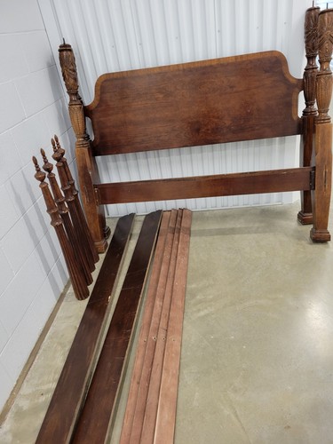 Vintage Mahogany Rice Carved Platform Queen Bed Frame