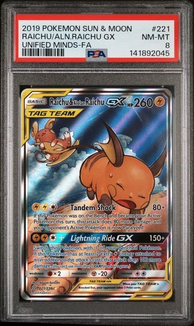 PSA 8 RAICHU & ALOLAN RAICHU GX 221 UNIFIED MINDS SUN & MOON TAG TEAM POKEMON