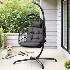 Hanging Egg Swing Chair w/Stand Hammock Patio Rattan Chair Cushion Outdoor,Gray
