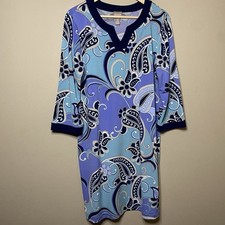 Chico’s V-Neck Paisley Shift Dress Large Blue Purple 3/4 Sleeve Office Church