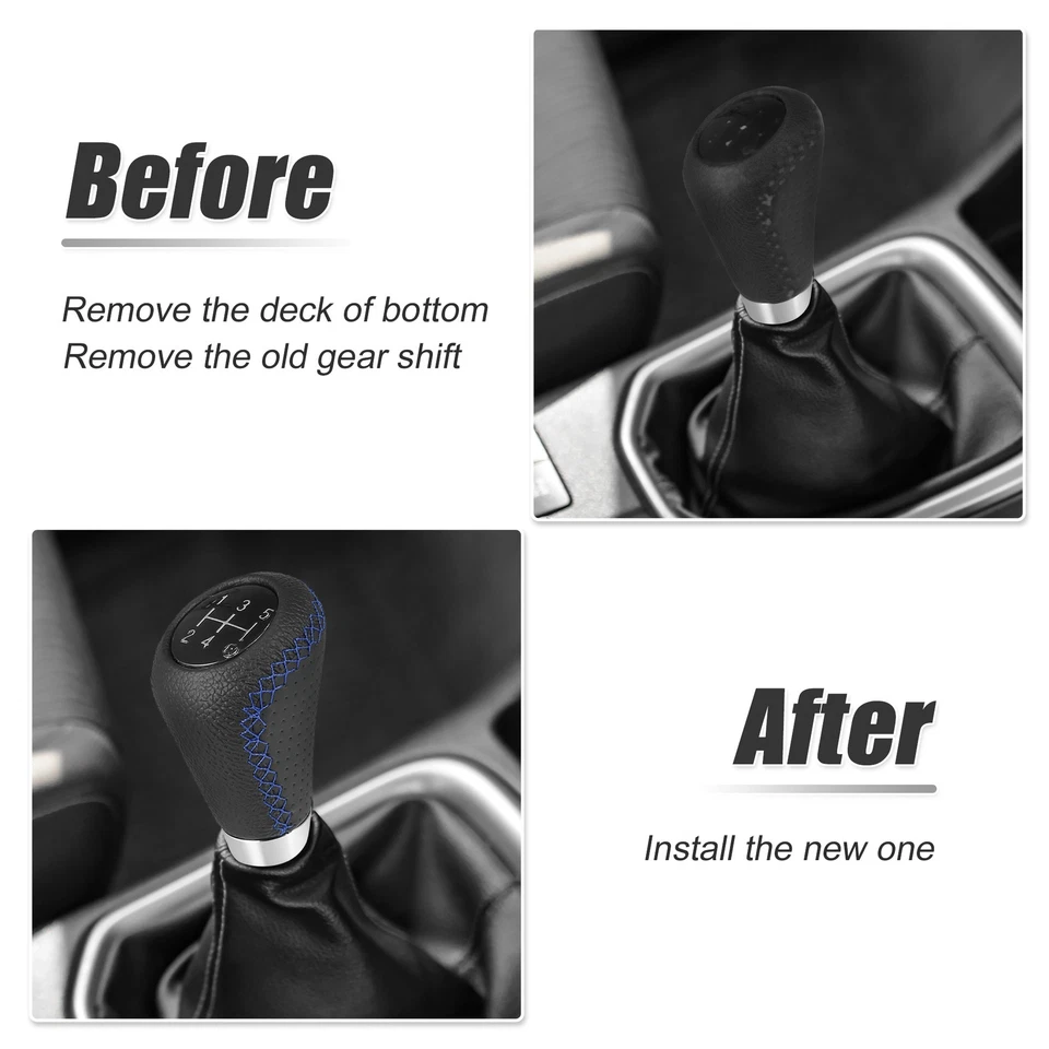 Perilla de cambio de marcha universal para automóvil cuero PU con agujero puntadas azules paquete de 1 Foto 3 de 4