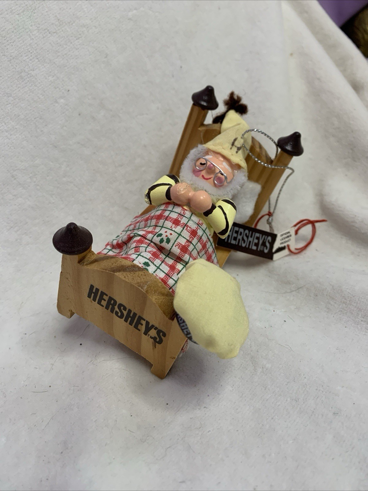 1997 Hershey Ornament, Elf Sleeping in Bed. Kurt Adler Collector Series