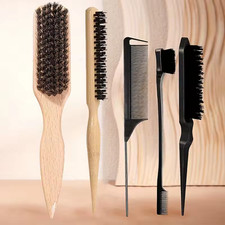 5Pcs Natural Boar Bristle Hair Brushes Paddle Anti-static Dark Wood Beard