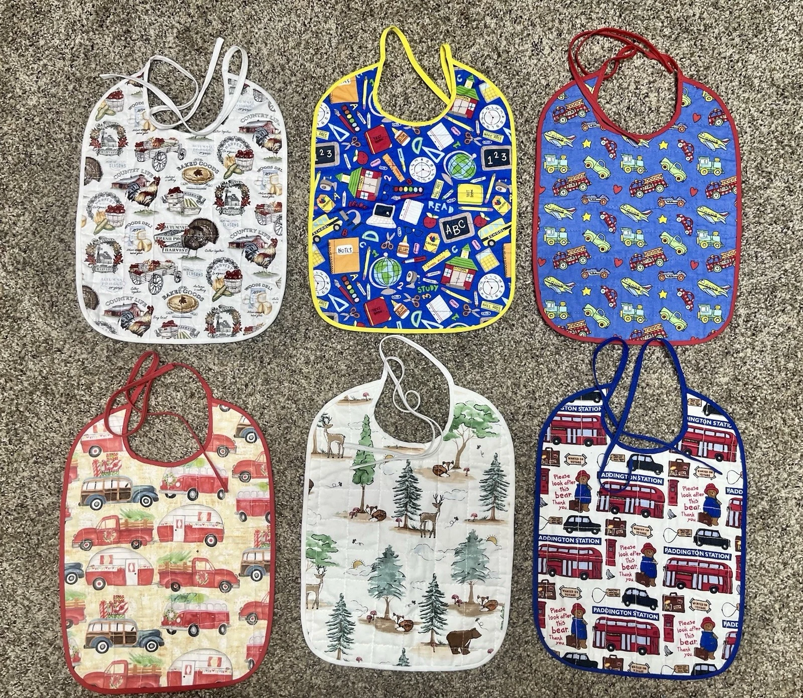 Lot Of 6 Quilted Handmade Bibs Assorted Large Size 12" X 9"