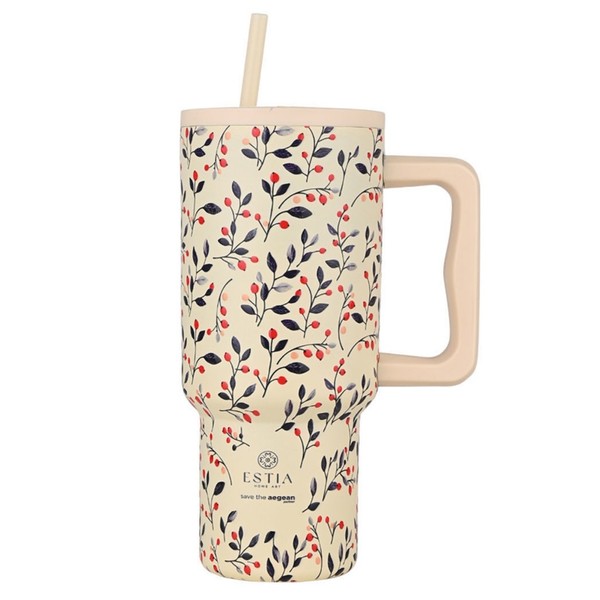 Isolierbecher Thermobecher Trinkbecher Mit Strohhalm Und Deckel 900 Ml Beige Rot-image