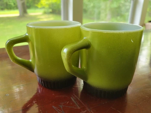2 Vintage Fire King D Handle Anchor Hocking  Green Retro Coffee Cups