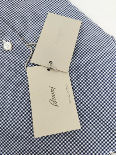 BRIONI Ventiquattro NAVY BLUE Check Parioli Button Front Fitted 45/ 17.75 US NWT - Picture 5 of 5