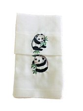 Embroidered Panda Bear Handkerchief set 2 white Vintage 10x10" New