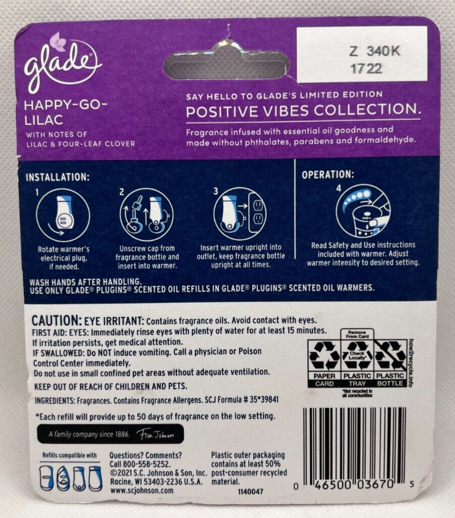 Glade Plugins Refills Happy Go Lilac Clover Limited Edition Scented Oil