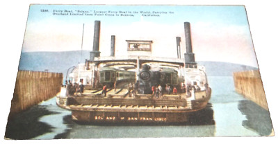 1915 SOUTHERN PACIFIC PASSENGER TRAIN ON FERRY BOAT SOLANO UNUSED POST CARD