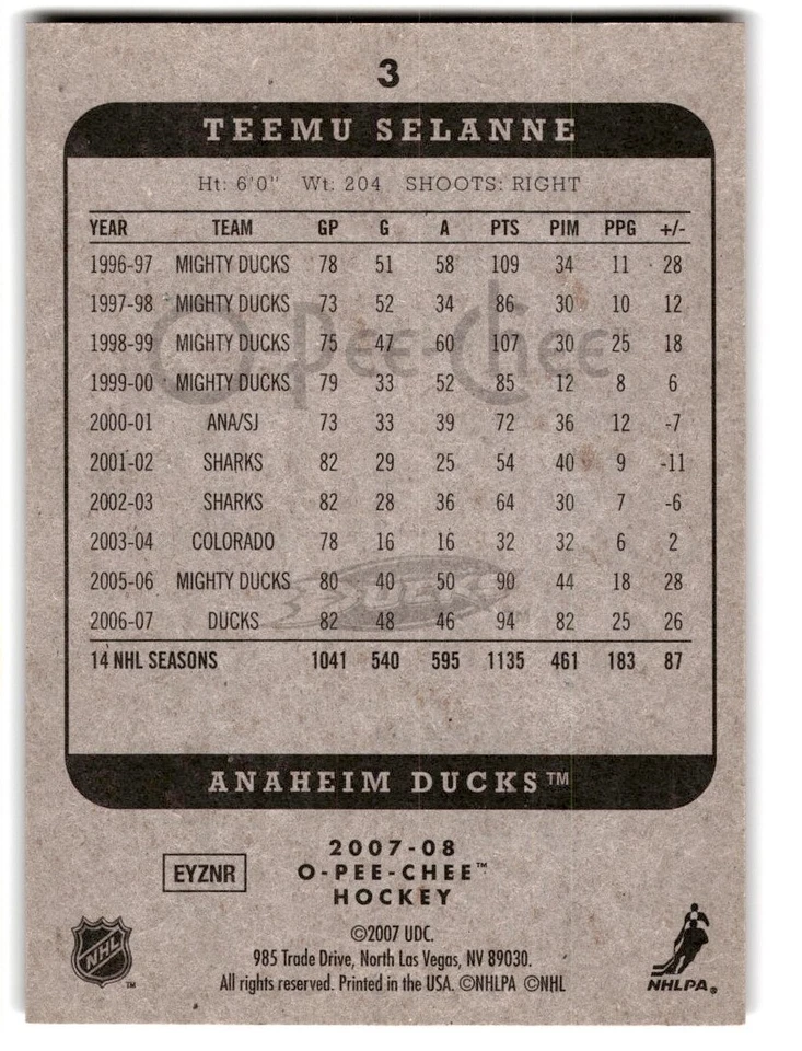 2007-08 O-Pee-Chee Teemu Selanne #3 Anaheim Ducks - Image 2 of 2