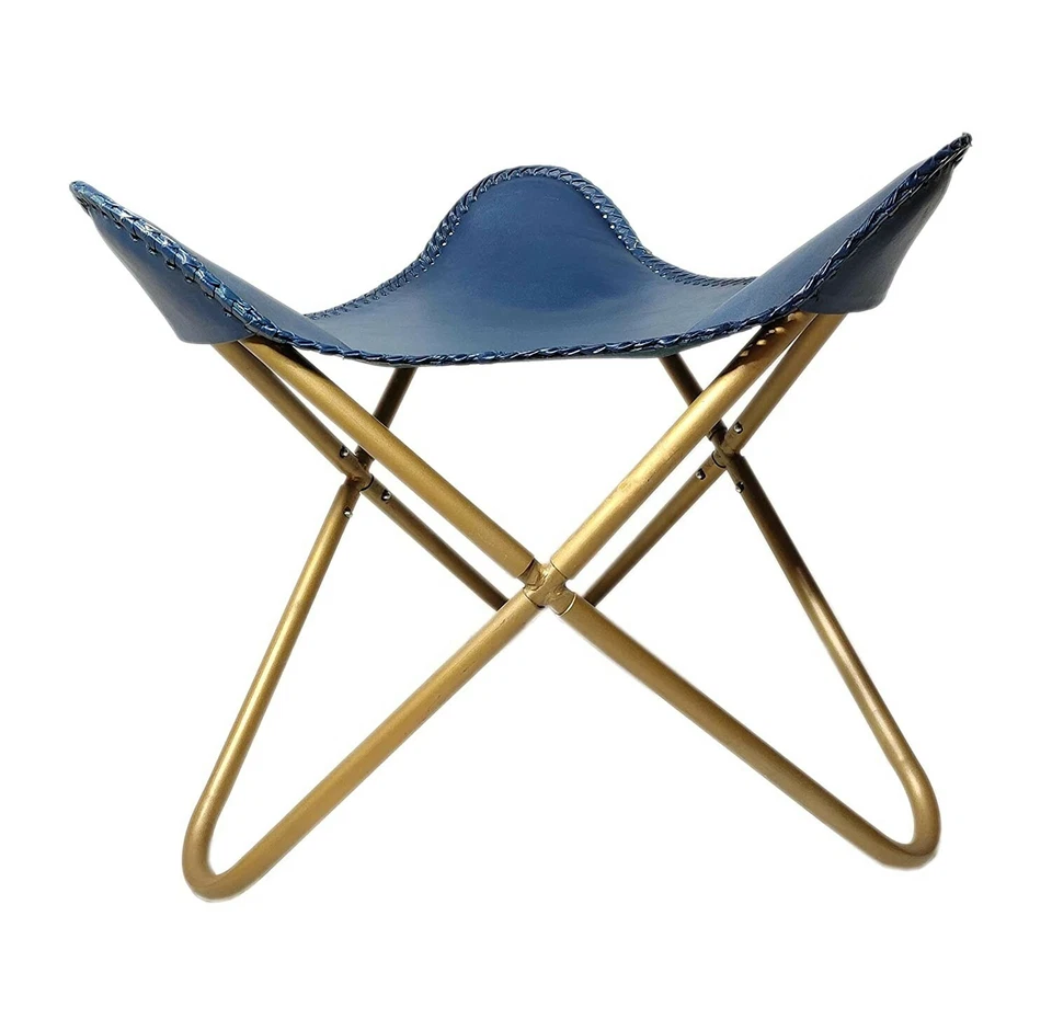 Buffalo Blue Leather Butterfly Rest Footstool Folding Stool Lounge Accent Chair - Image 3 of 4