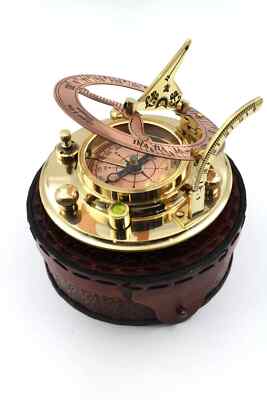 Antique Brass Sundial Compass with Leather Case   Unique Nautical Gift for Men