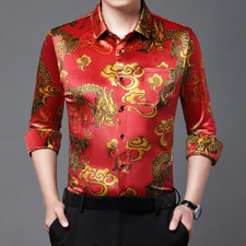 Herren Asiatisch Drachen Bedruckt Velevt Hemd Langärmlig Pleuche Top Knöpfe Slim