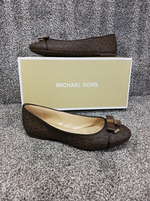 New Michael Kors Alice Ballet Flats Sz Brown Leather Lock Charm  w/Bow