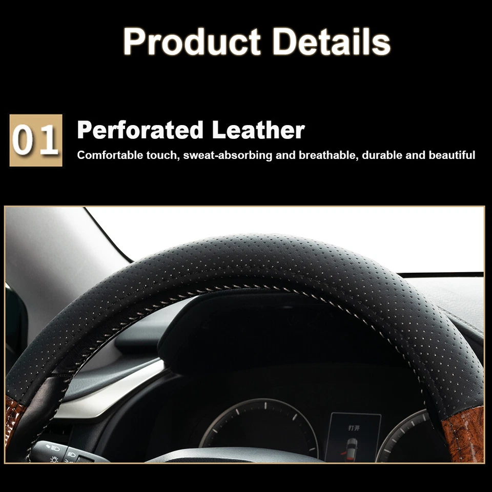 Wood Grain Steering Wheel Cover Leather Anti-Slip Breathable for Car SUV Jeep US - Image 4 of 4