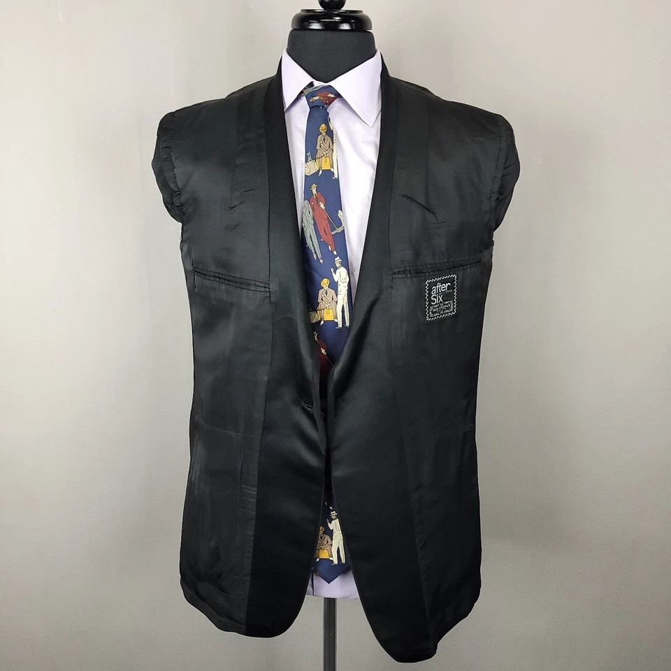 Esmoquin vintage After Six para hombre 41L negro lana satinado ribete 2 piezas boda formal años 60 Foto 4 de 4