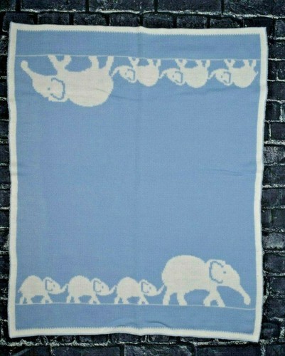 Elegant Baby?  Knit Elephant Elephants Blanket 30 x 36 Blue White Reversible - Picture 3 of 7