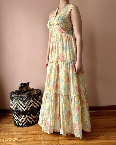 Vintage 70s Dress - Yellow Floral Cottagecore Maxi - Hippie Boho Cotton Prairie - Picture 8 of 10